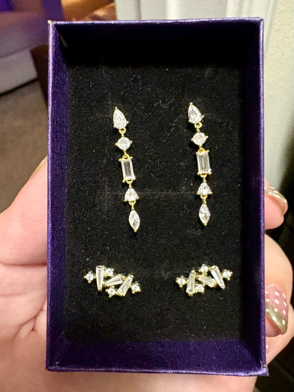 Gold-Tone CZ Drop and Baguette Earring Set - Gold